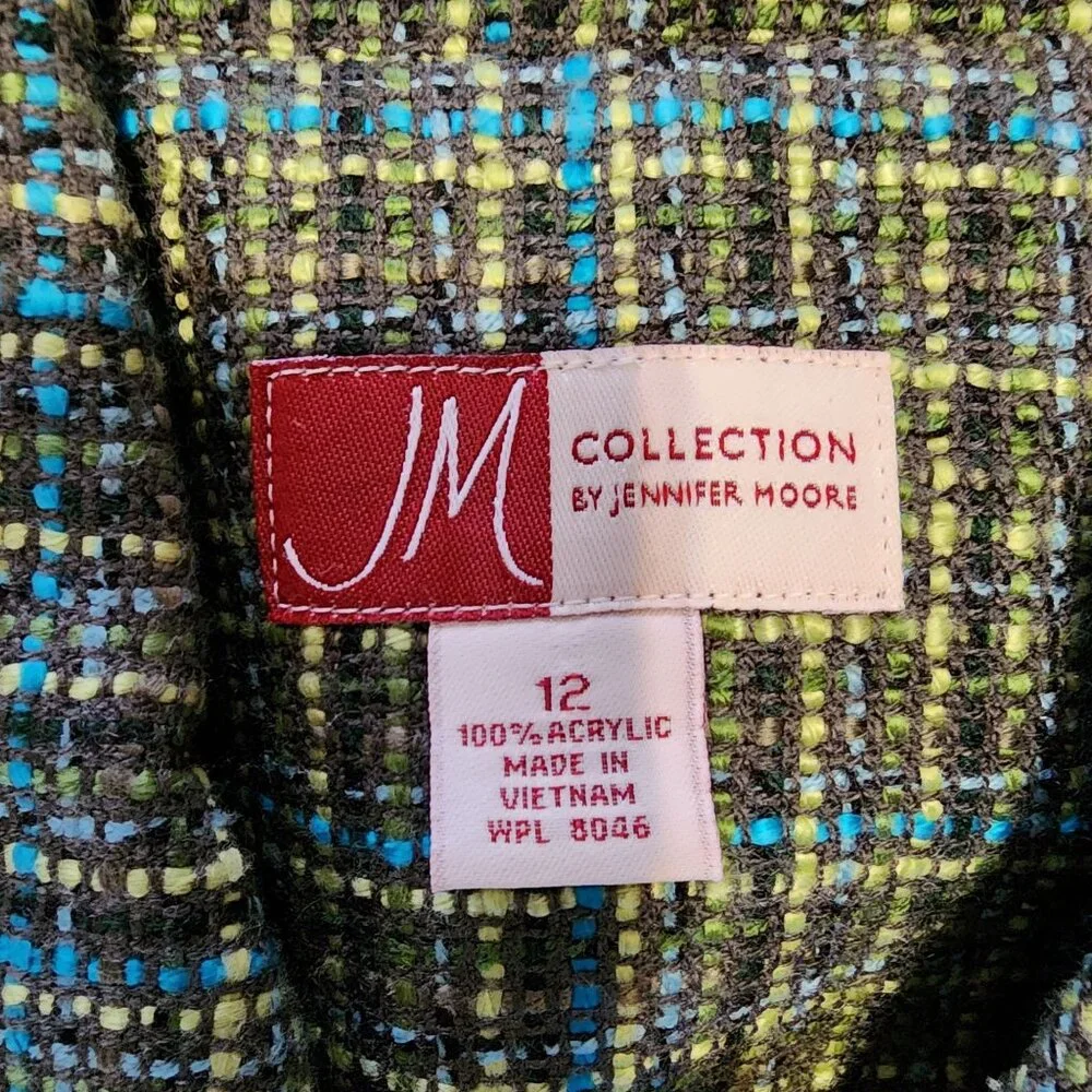 JM‎ Collection Womens Tweed Button-Up Blazer Size 12 Green Blue Pockets Lined